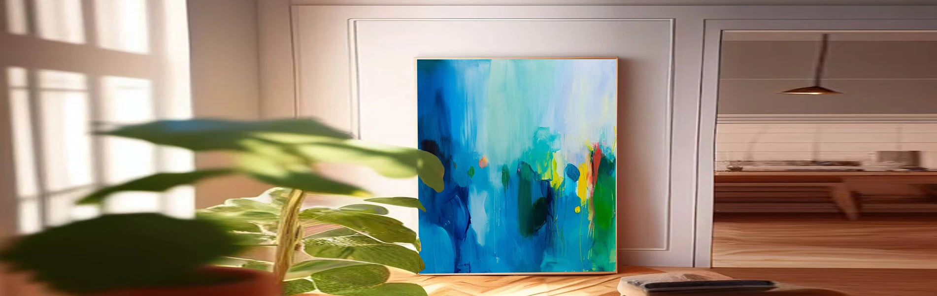 Blue Ocean Abstract Canvas Painting Acrylic Blue And White Wall Art Framed Ocean Artwork