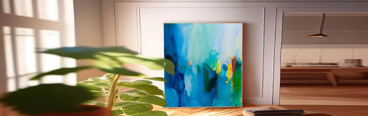 Blue Abstract Canvas Painting Acrylic Blue And Yellow Wall Art Framed ...