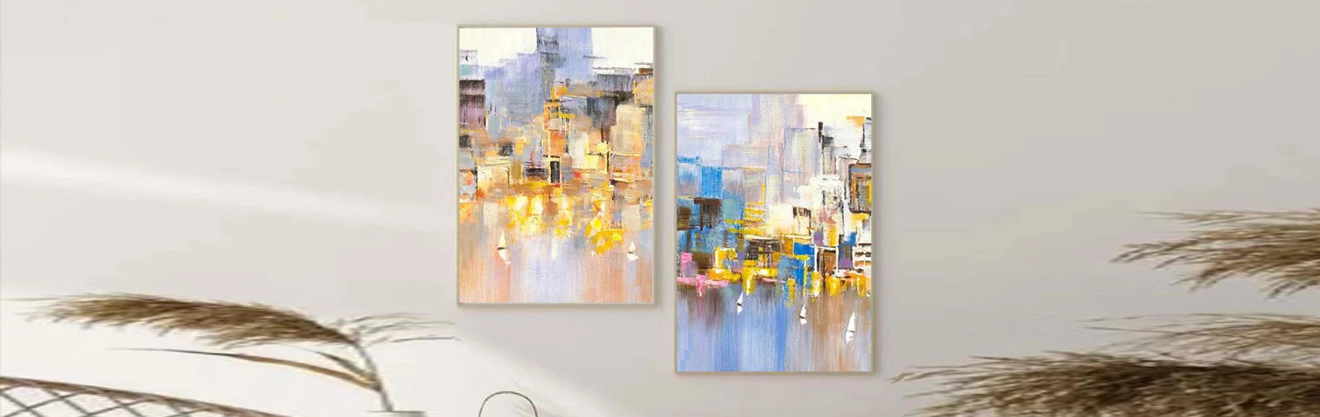 2 Pieces Colorful Abstract Canvas Painting Large Diptychs Bright Wall Art Framed