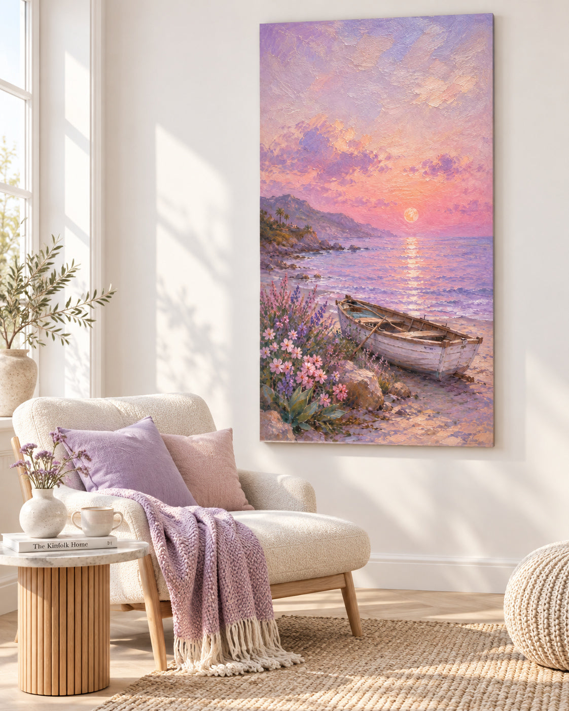 Hand-Painted Sunset Boat Seascape Canvas Art In Pink And Purple