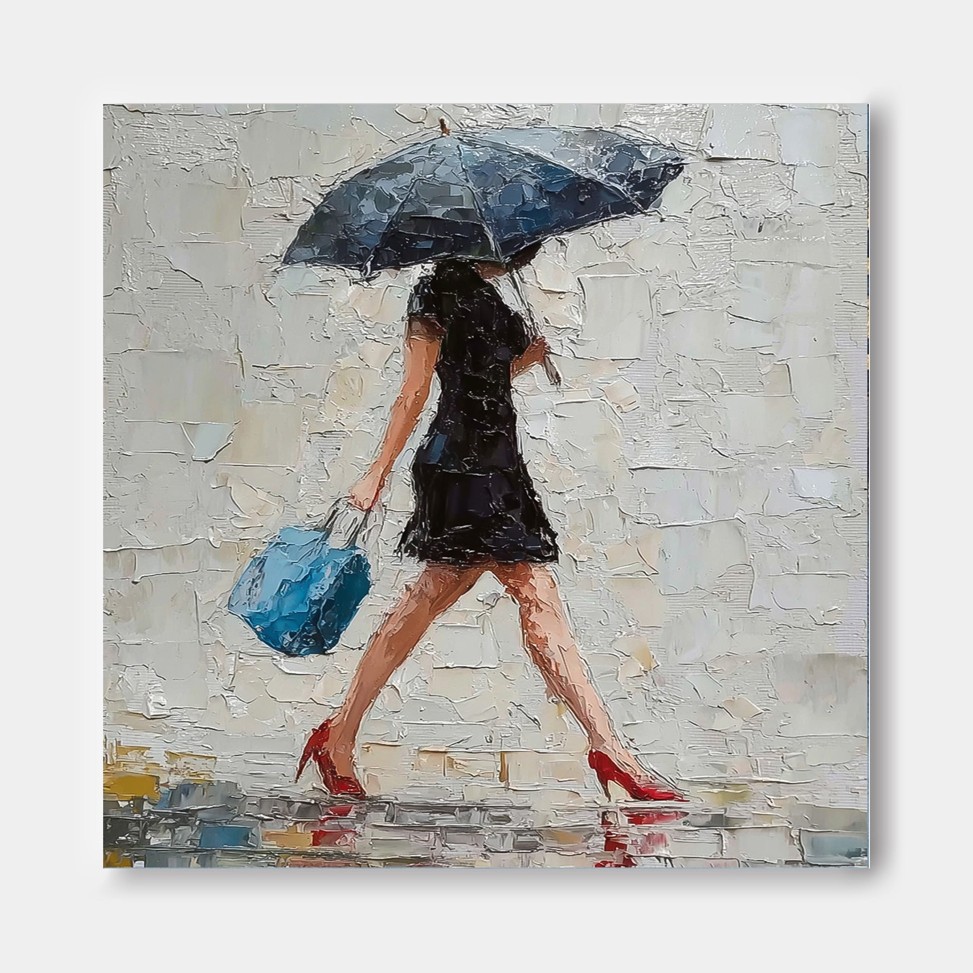 Rainy Day Romance Abstract Figure Painting Red Heels And Blue Bag Square Wall Art
