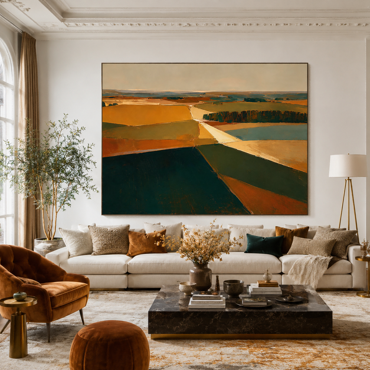 Modern Abstract Landscape Painting With Earth Tones For Living Room Decor