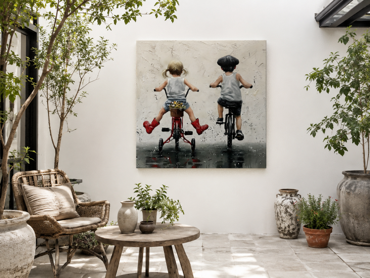 Charming Kids Riding Bikes In Rain Original Oil Painting Square Canvas Wall Art For Nursery