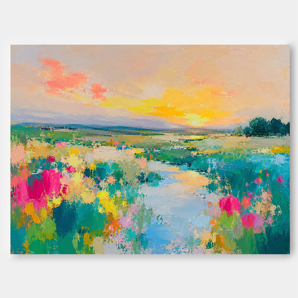 Colorful Floral Landscape Hand-Painted Canvas Art With Warm Sunset Tones