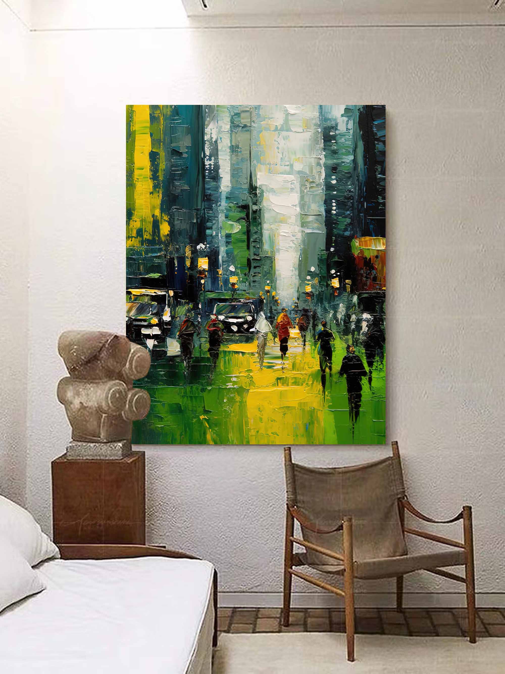 Original City Buildings Texture Urban Oil Painting Cityscape Green City Canvas Wall Art For Home Decor
