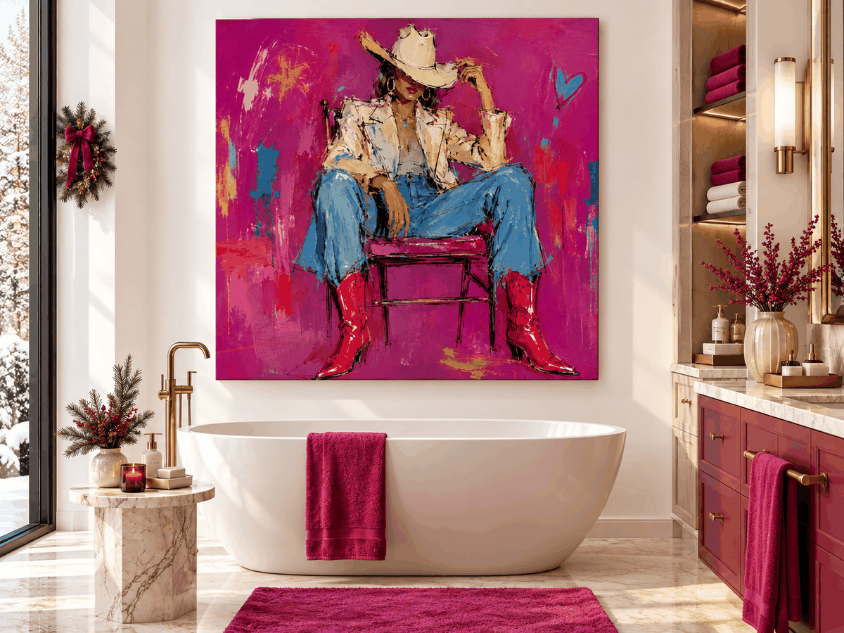 Vintage Pop Art Canvas Painting With Bright Magenta And Blue