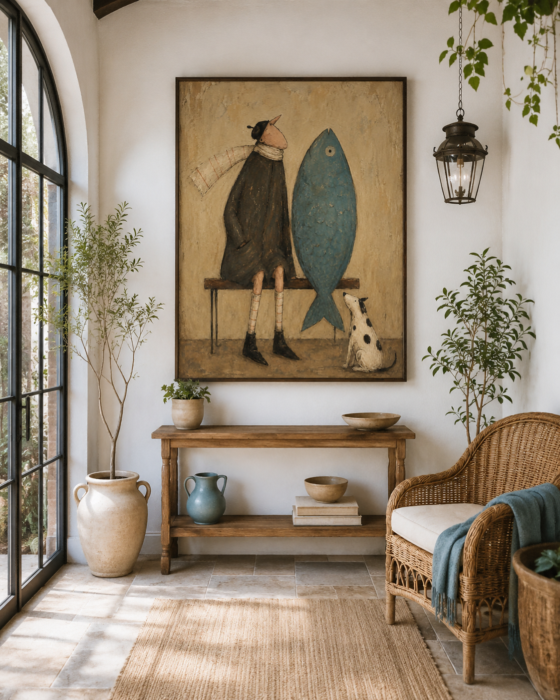 Whimsical Vintage Canvas Painting Of Man And Giant Fish Original Art