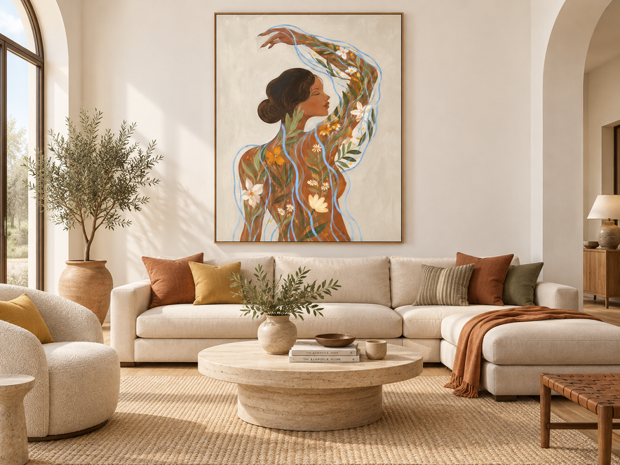 Hand-Painted Abstract Floral Woman Canvas Art With Blue Waves For Modern Home Decor Bohemian Wall Art