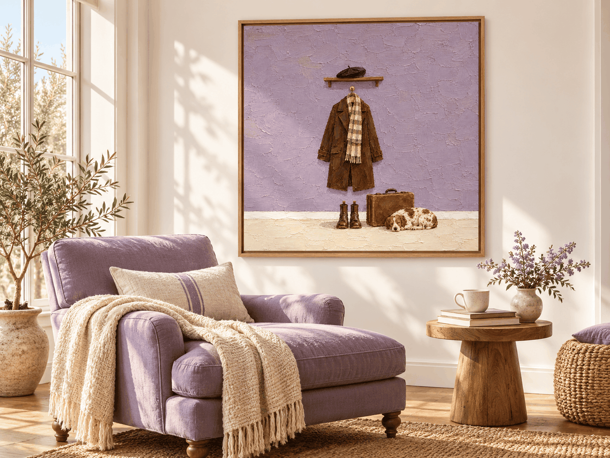 Vintage Dog And Coat Canvas Painting With Brown And Purple Tones
