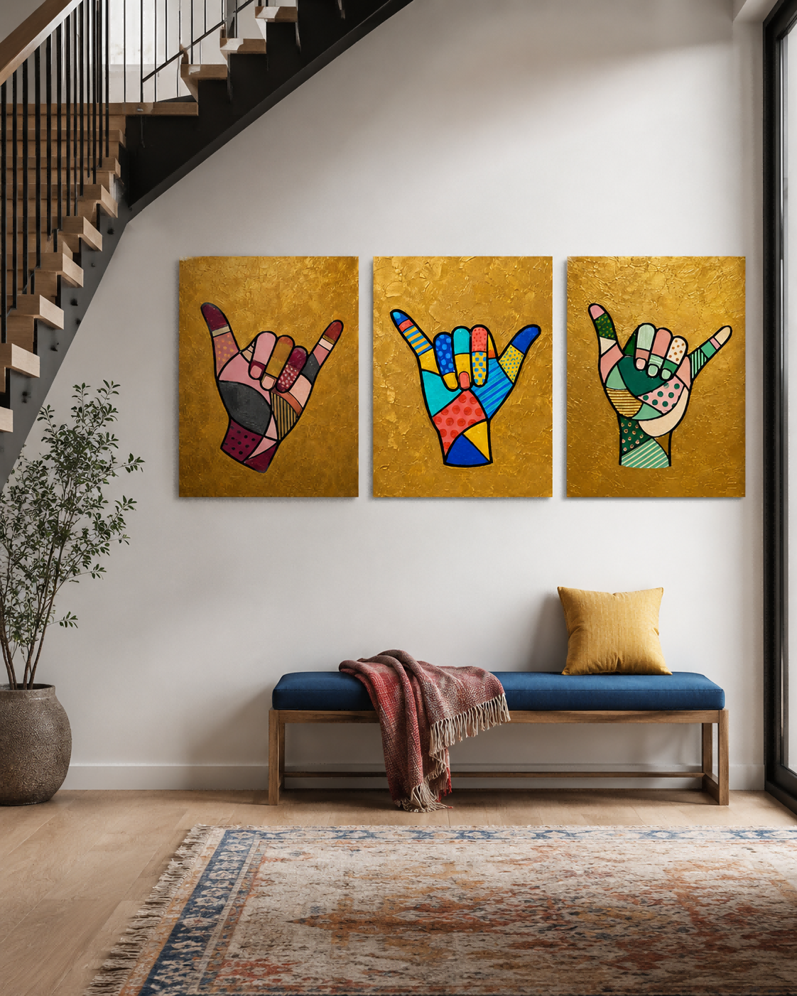 Modern Pop Art Triptych With Geometric Patterns And Textured Gold Finish
