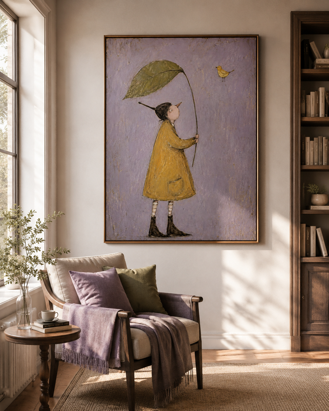 Whimsical Person With Leaf And Bird Vintage Canvas Painting