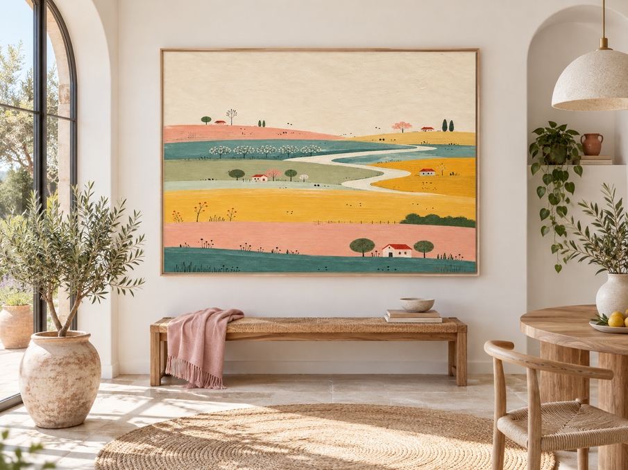 Modern Cream Style Canvas Painting With Whimsical Cottage And Path