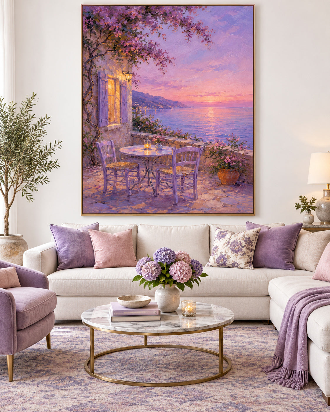 Modern Impressionist Oil Painting Of Dreamy Pink Purple Twilight Seascape