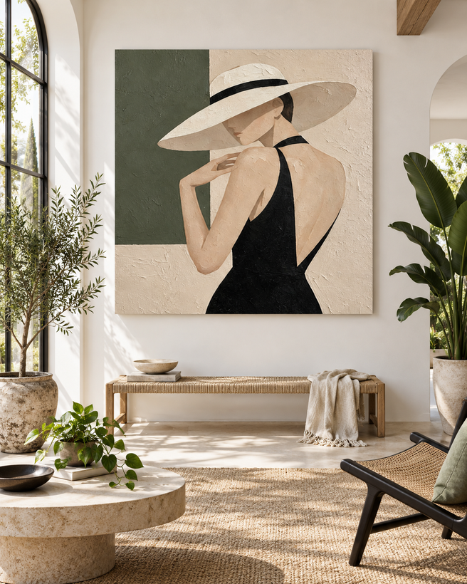 Minimalist Vintage Style Canvas Art Textured Abstract Lady Portrait With Olive And Cream Colors