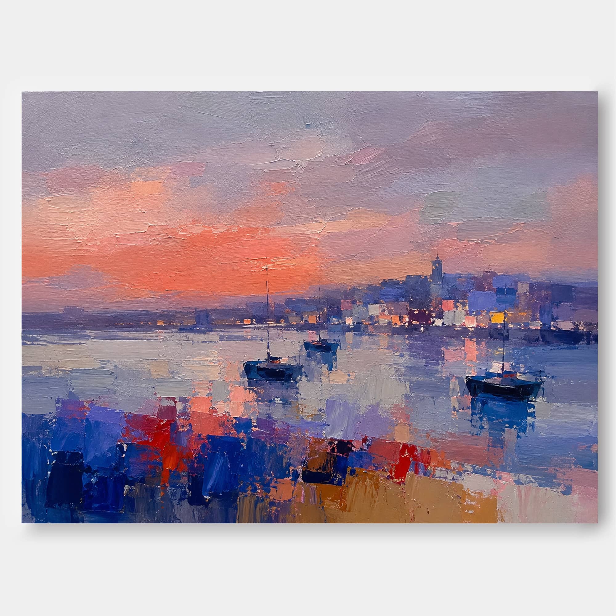 Modern Abstract Impasto Oil Painting Warm Sunset Harbor Scene Art