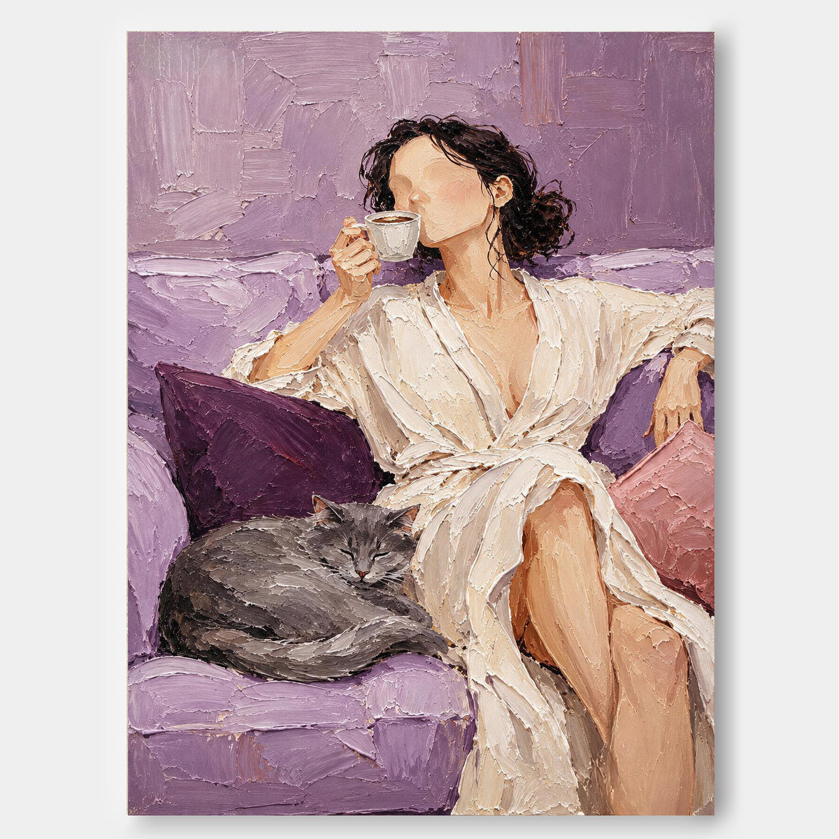 Impressionist Textured Art Vintage Style Purple Canvas Painting Woman With Cat Coffee Hand-Painted Canvas Art