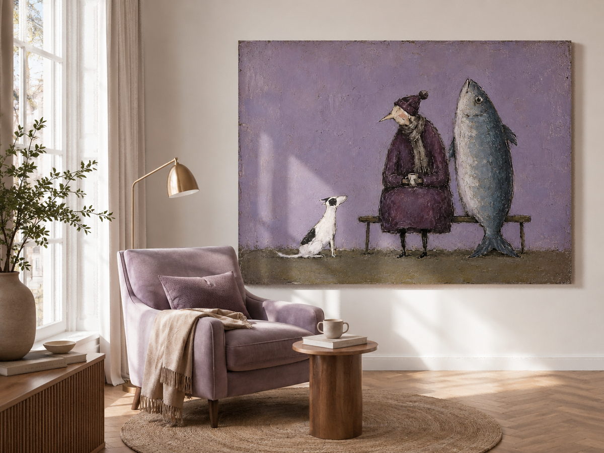 Surreal Modern Folklore Canvas Painting With Textured Finish And Retro Charm