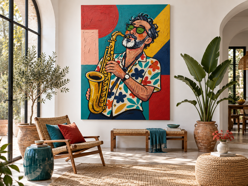 Modern Pop Art Canvas Painting Of A Bearded Man With Glasses Playing Sax In Retro Style