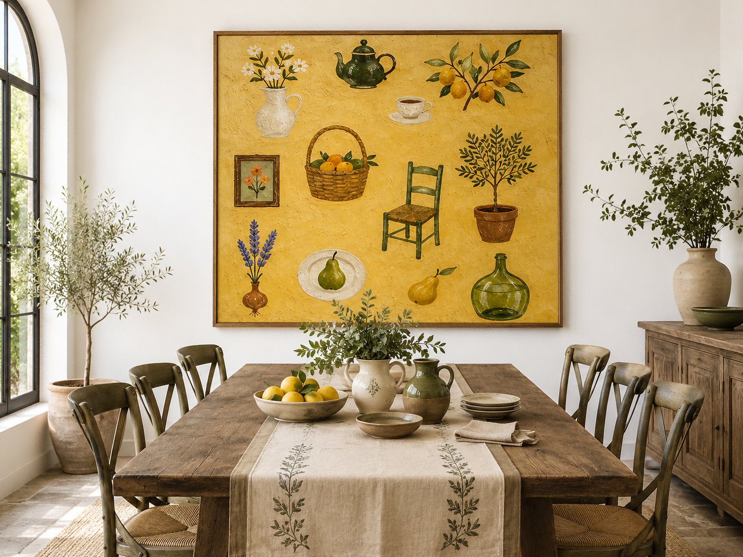 Vintage Pastoral Oil Painting With Lemons And Teapot For Country Kitchen Wall Art Decor