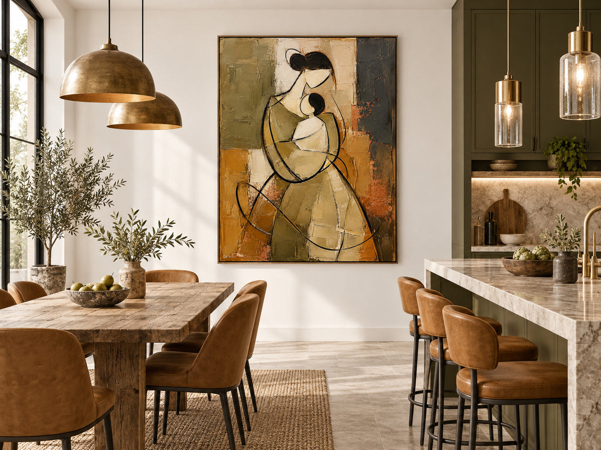 Vintage Style Minimalist Line Art Painting Warm Brown And Green Tones Abstract Mother And Child Canvas Painting