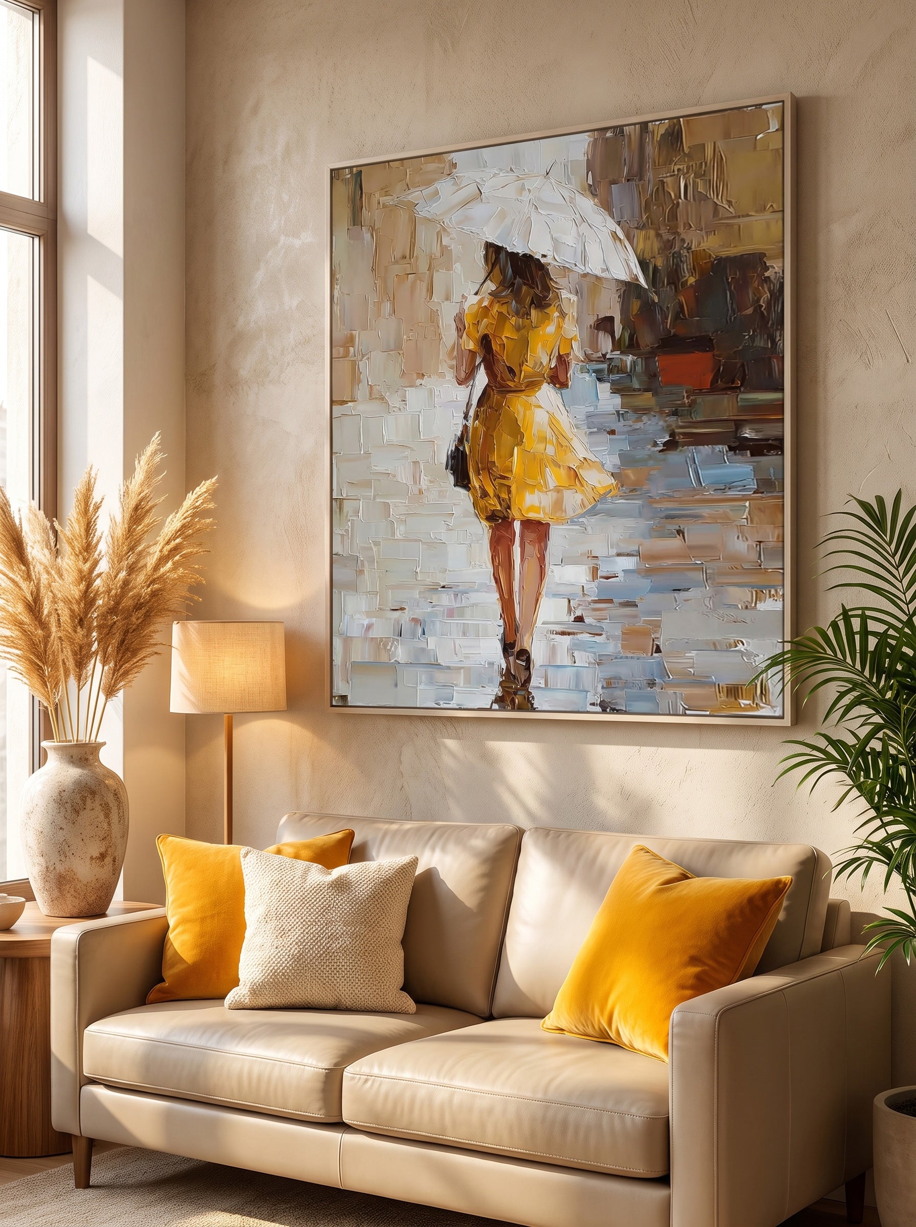 Modern Impressionist Oil Painting Of Woman In Yellow Dress Walking In Rain City Street