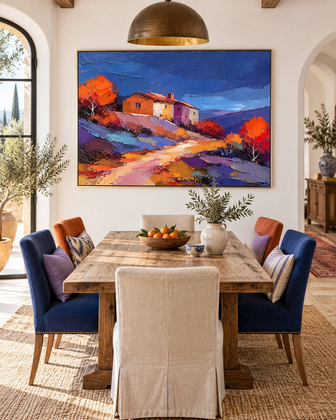 Hand-Painted Autumn Landscape With Cottage And Colorful Hills Canvas Art