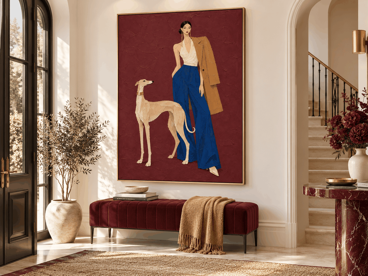 Fashion Woman And Greyhound Dog Canvas Painting In Burgundy Red