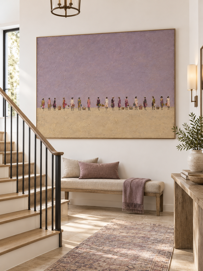 Hand-Painted Women With Baskets Minimalist Canvas Art In Purple And Beige