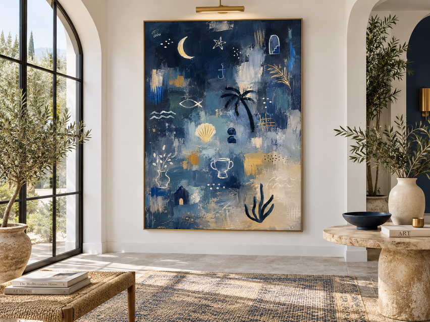 Modern Textured Abstract Painting With Gold Accents Ocean Theme Wall Art