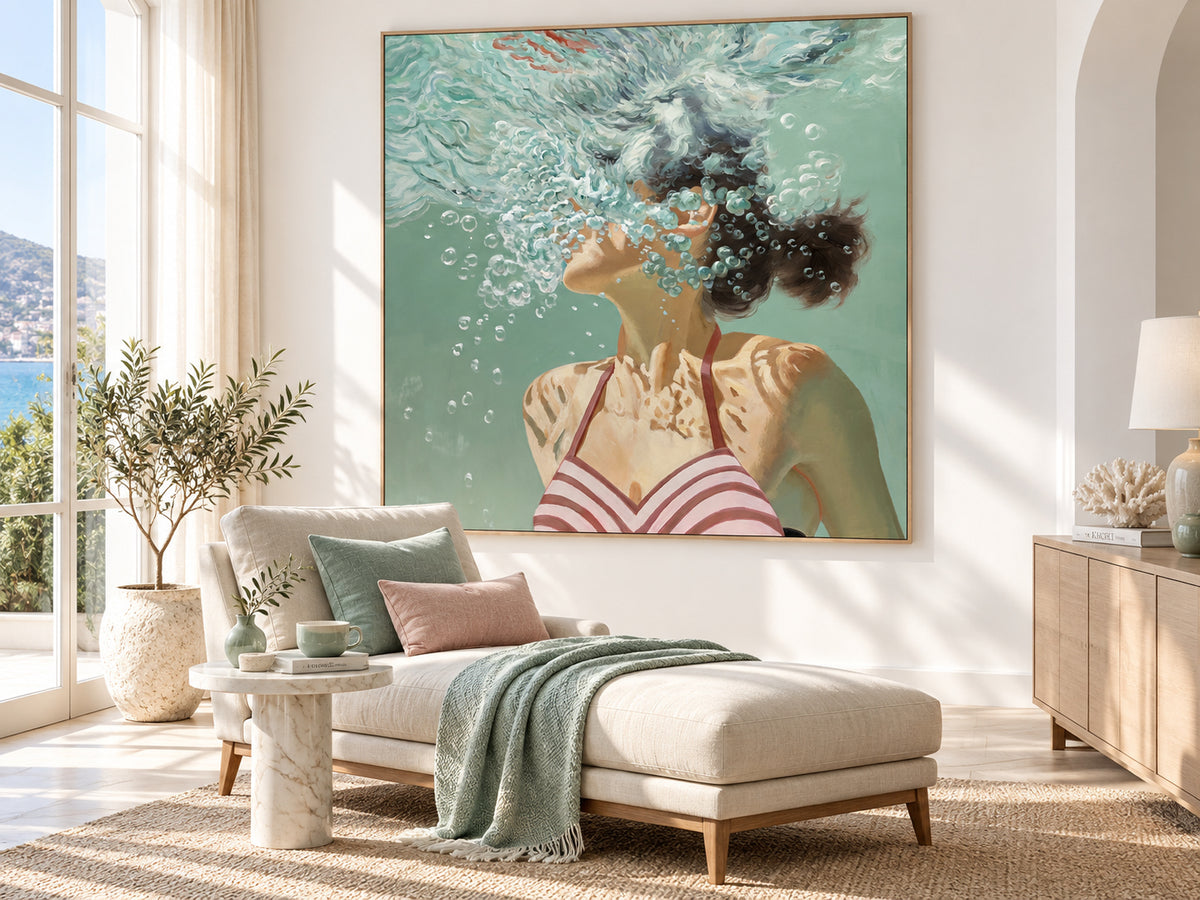 Underwater Swimmer Canvas Painting Hand-Painted Original Art With Bubbles