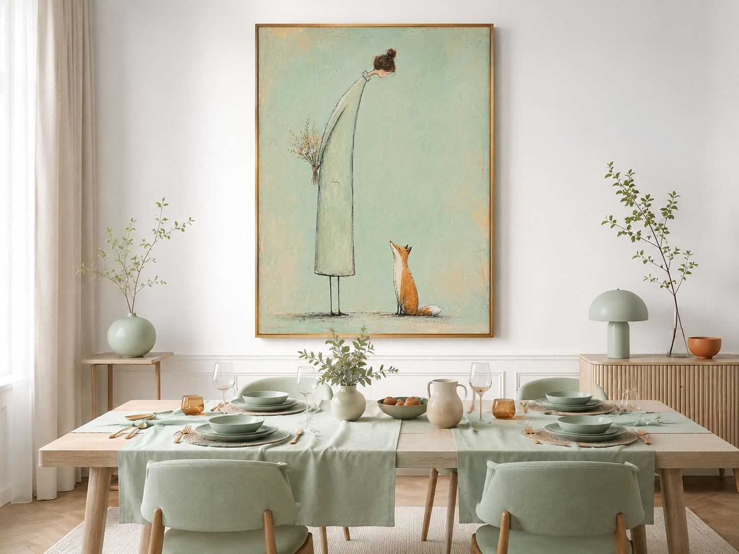 Naive Art Painting Of Woman And Fox With Flowers In Modern Minimalist Style For Living Room Decor