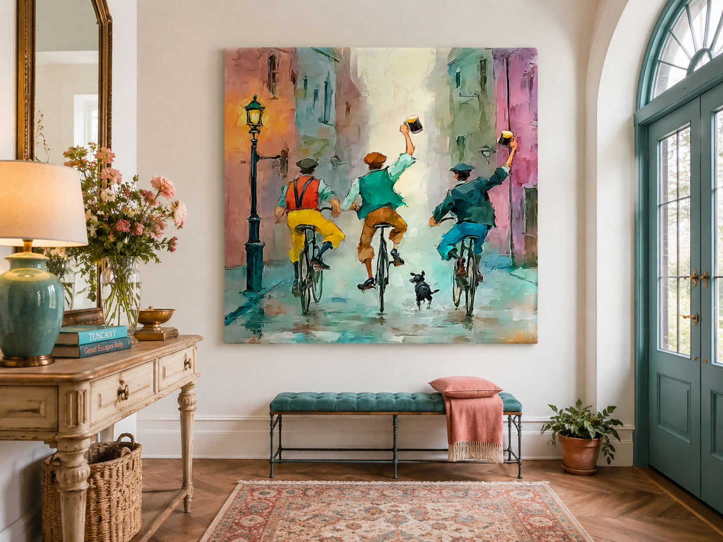 Textured Urban Narrative Painting Featuring Cyclists Dog And Reflections For Modern Home Interior Design