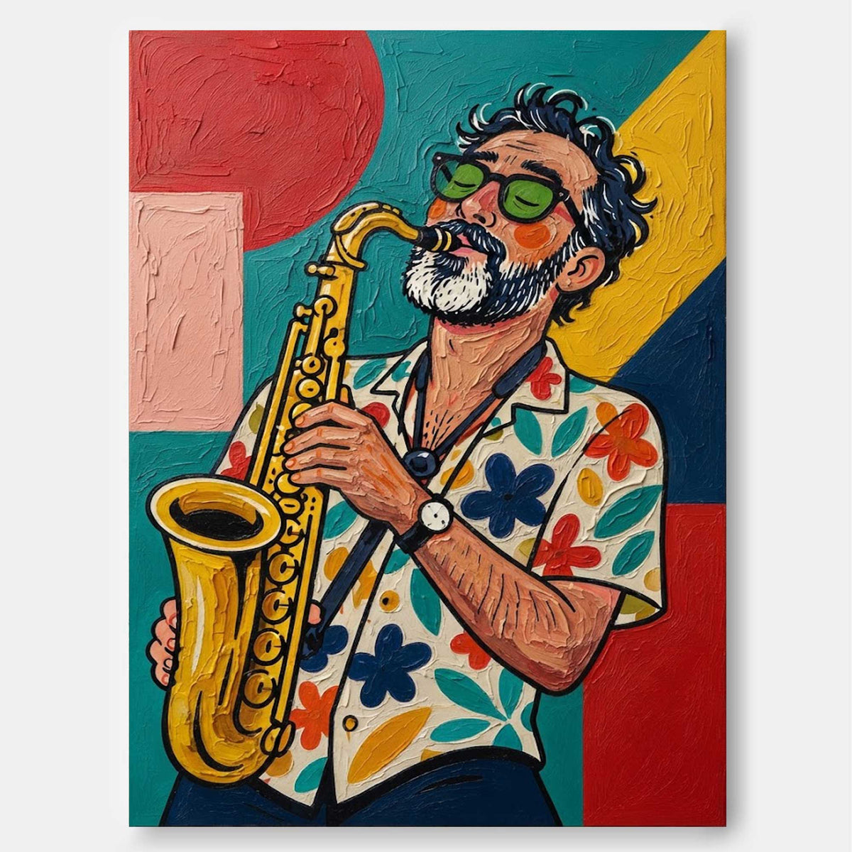 Modern Pop Art Canvas Painting Of A Bearded Man With Glasses Playing Sax In Retro Style