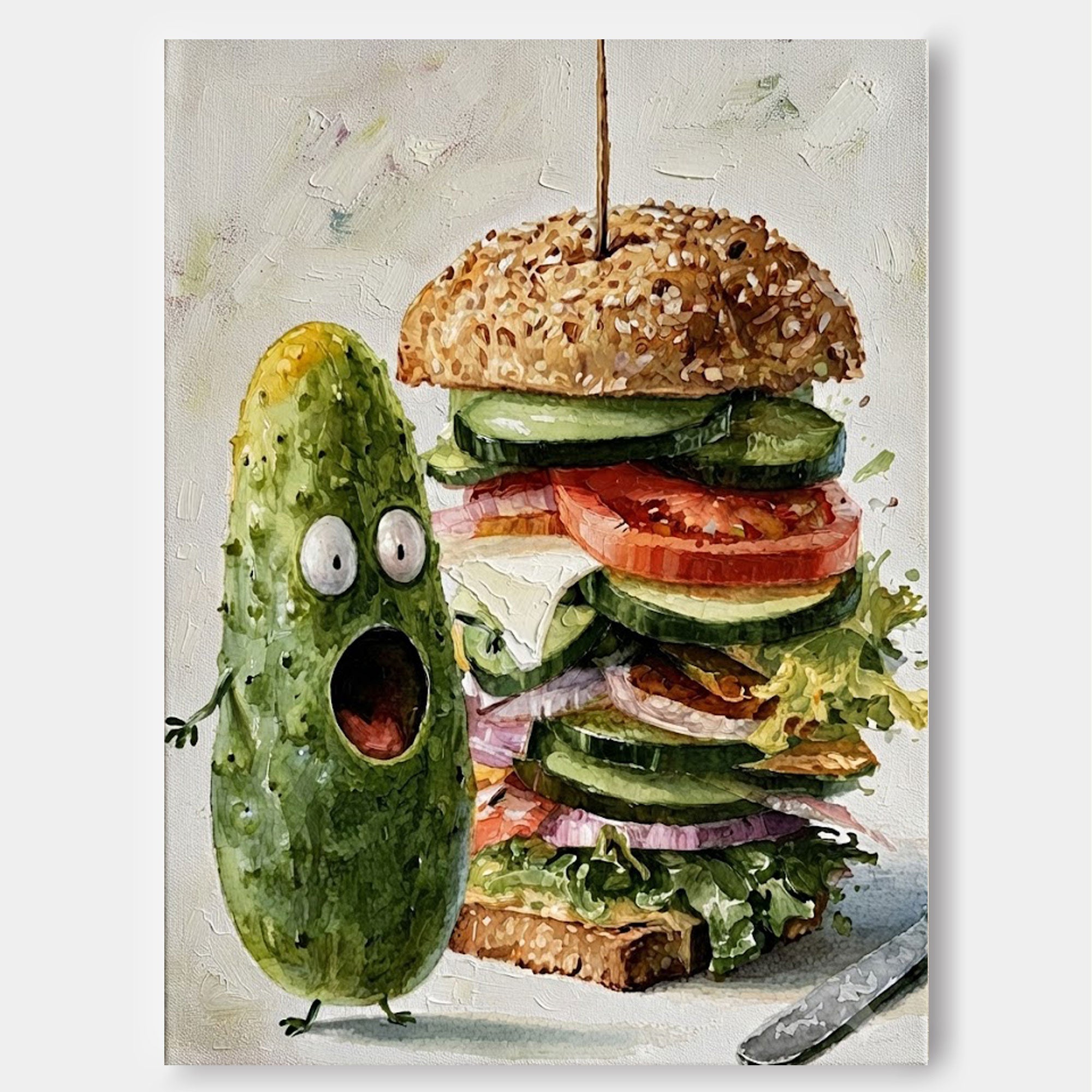 Whimsical Pickle And Sandwich Food Art For Modern Kitchen Wall Decor
