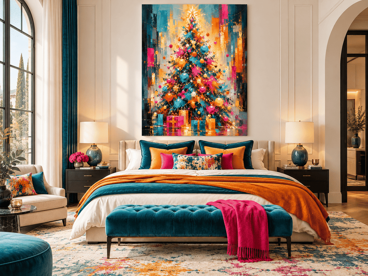 Abstract Christmas Tree Canvas Painting With Gold And Blue Ornaments Textured Canvas With Vintage Vibes
