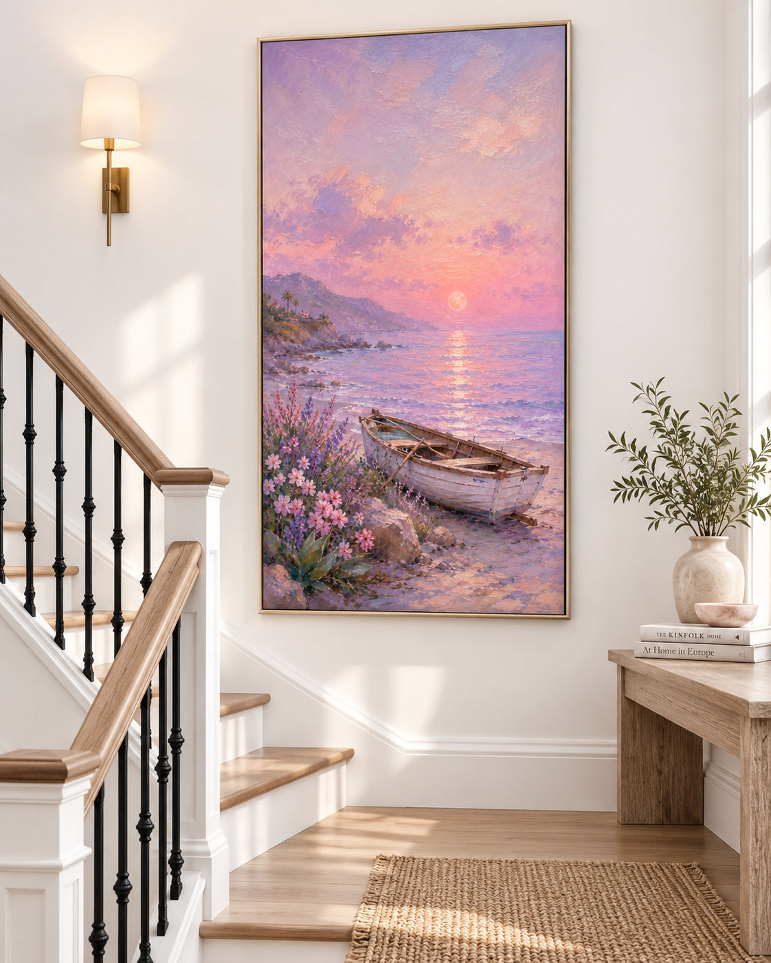 Hand-Painted Sunset Boat Seascape Canvas Art In Pink And Purple