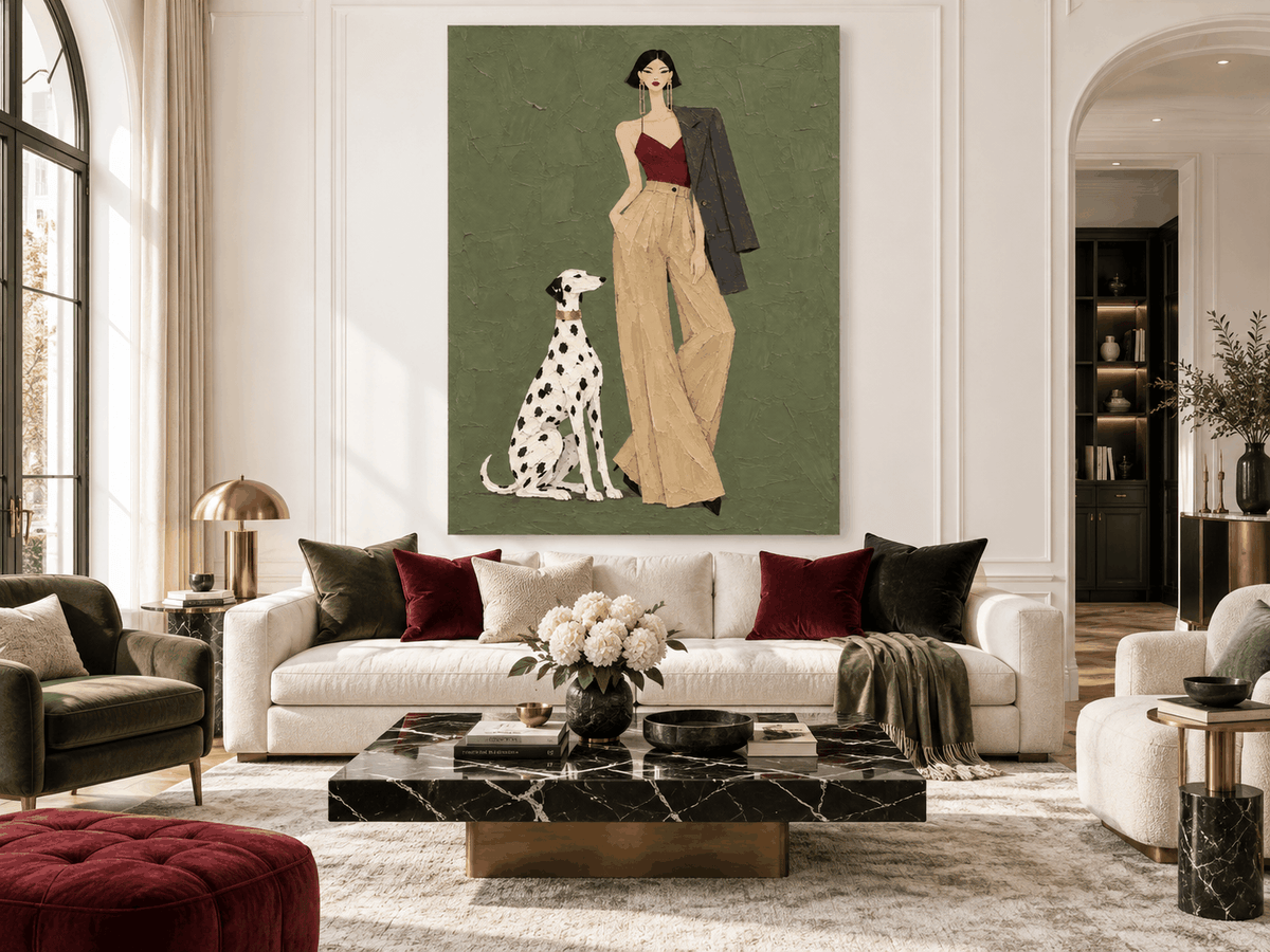 Hand-Painted Fashion Woman And Dalmatian Dog Canvas Art Vintage Modern Textured Painting