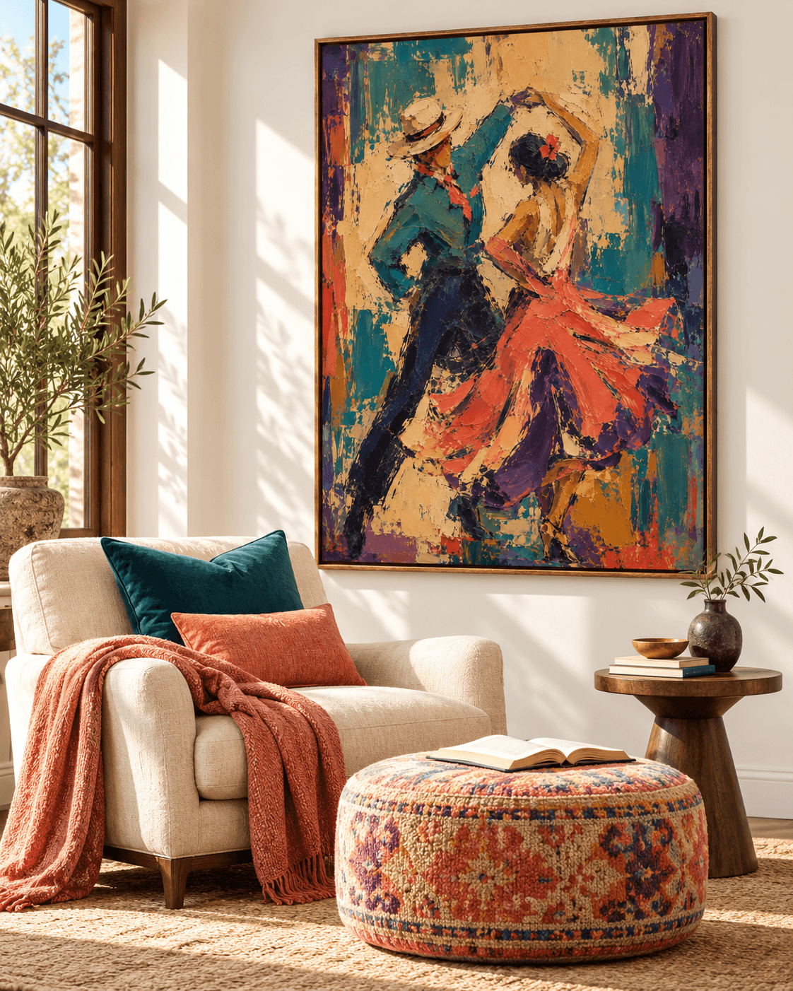 Hand-Painted Tango Dancers Canvas Art With Rich Texture And Warm Red Tones