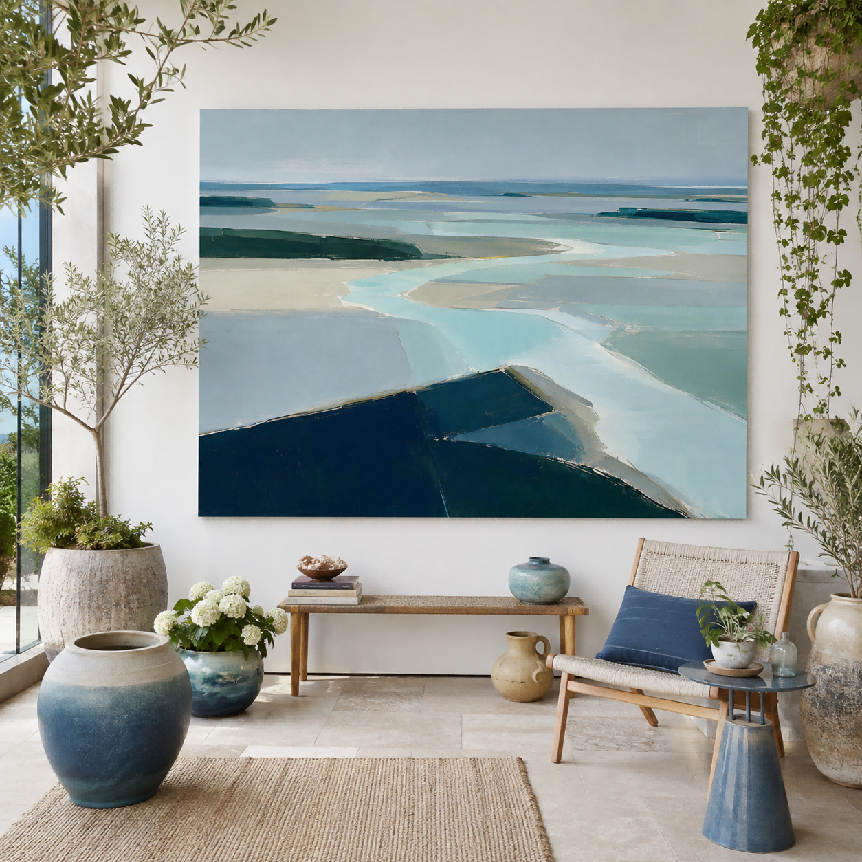 Modern Abstract Landscape Painting With Cool Blue Tones For Living Room Decor