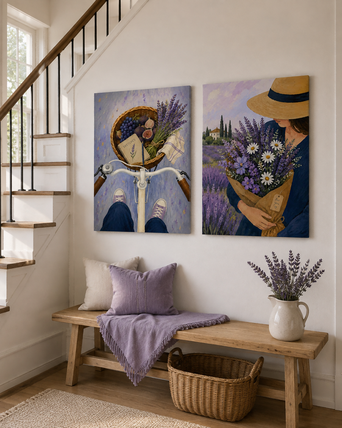 Lavender Field And Bicycle Hand-Painted Canvas Art Set With Figs