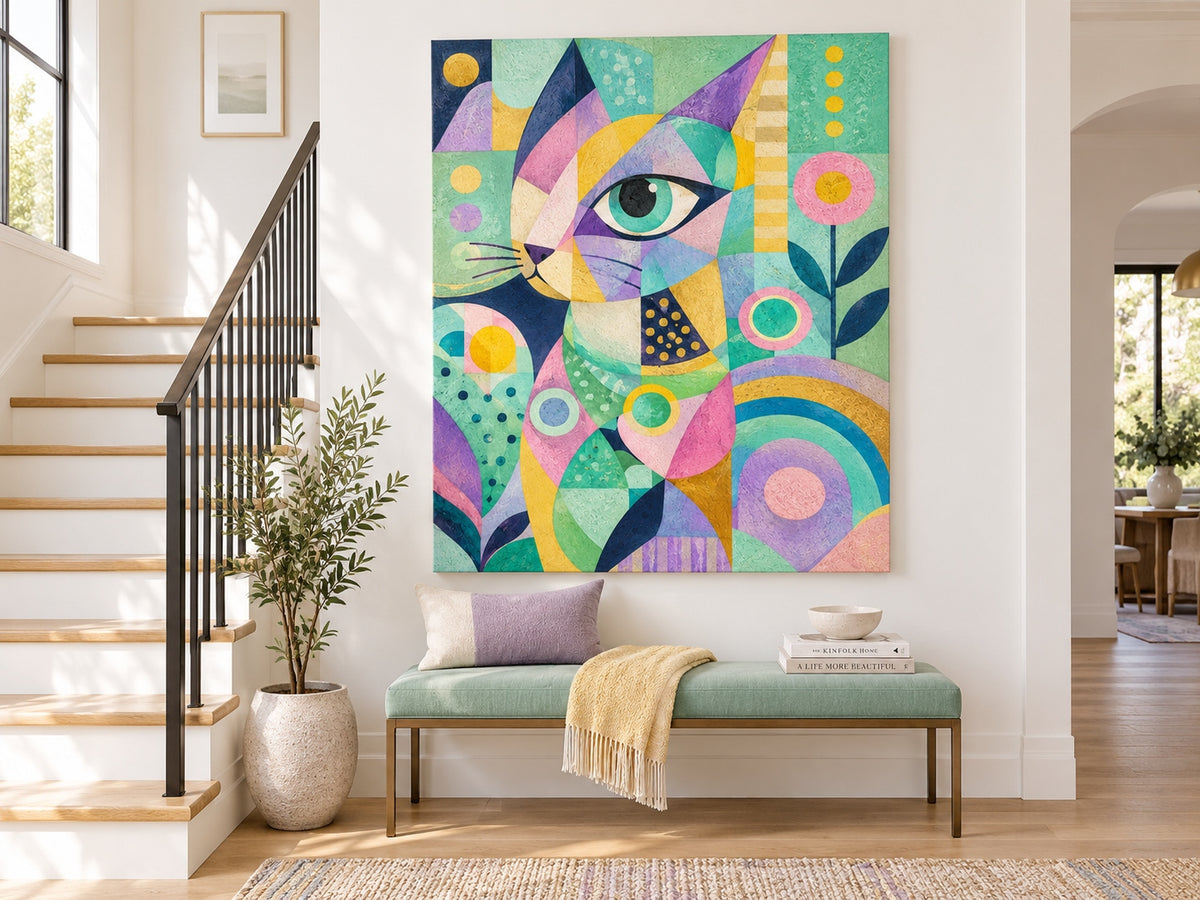 Modern Pop Art Cat Portrait With Textured Geometric Design
