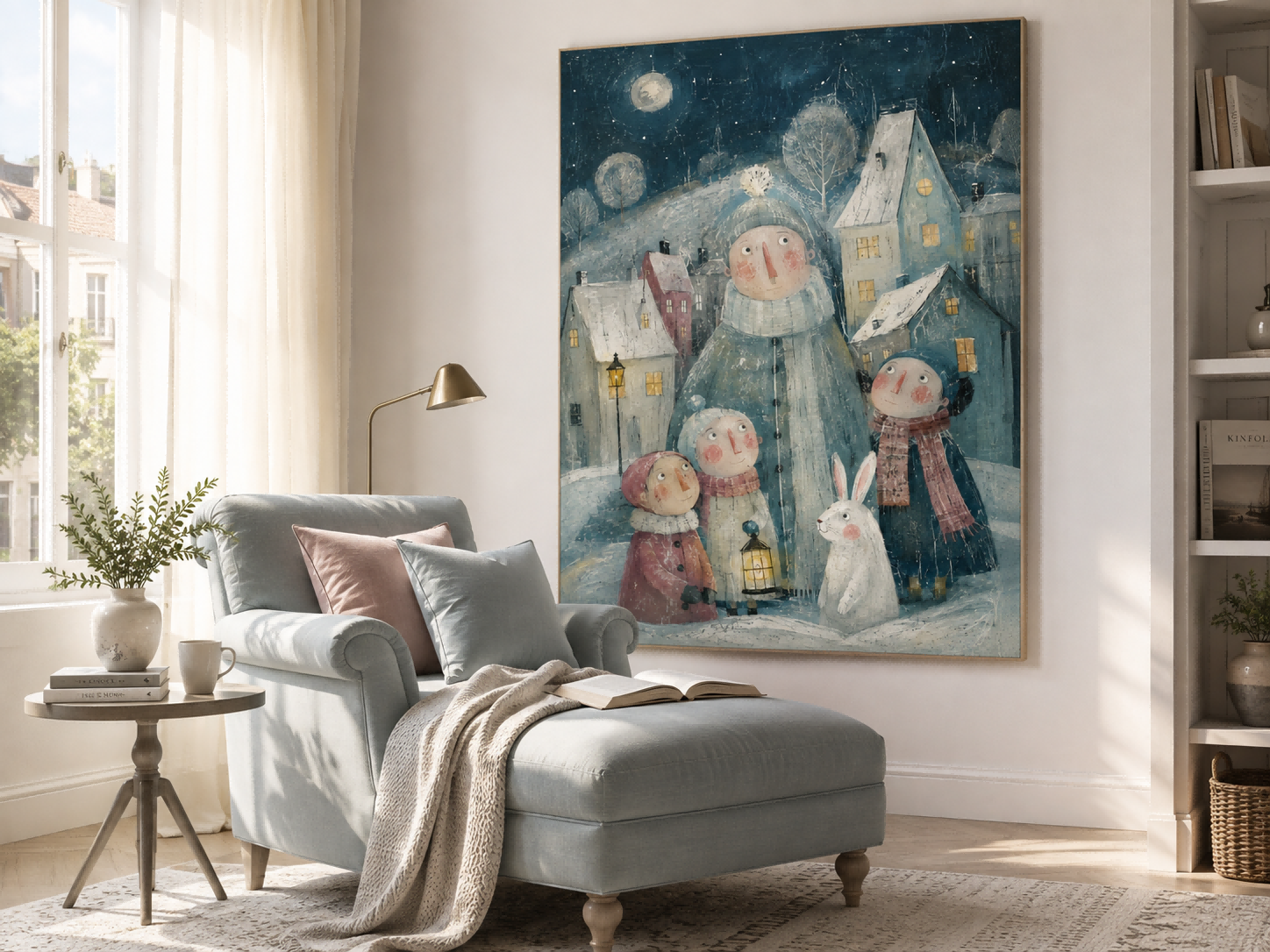 Whimsical Winter Family Scene Hand-Painted Canvas Art With Rabbit And Moon