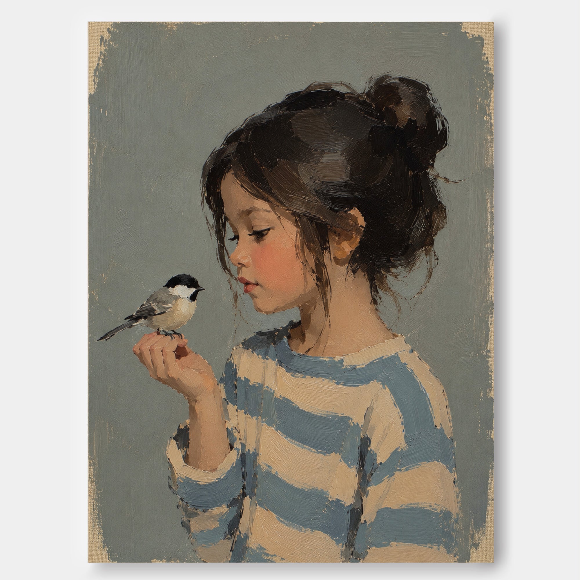 Modern Bedroom Wall Art Girl And Bird Painting Blue Beige Tones