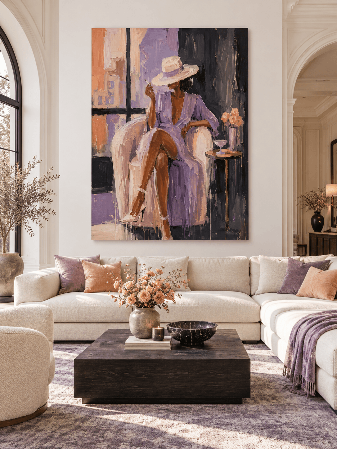 Modern Textured Art With Vintage Fashion Figure In Purple