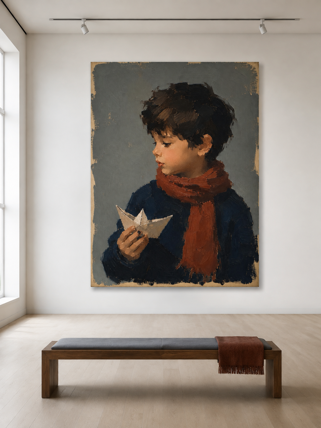 Vintage Kids Room Wall Art Boy Portrait With Red Scarf Original