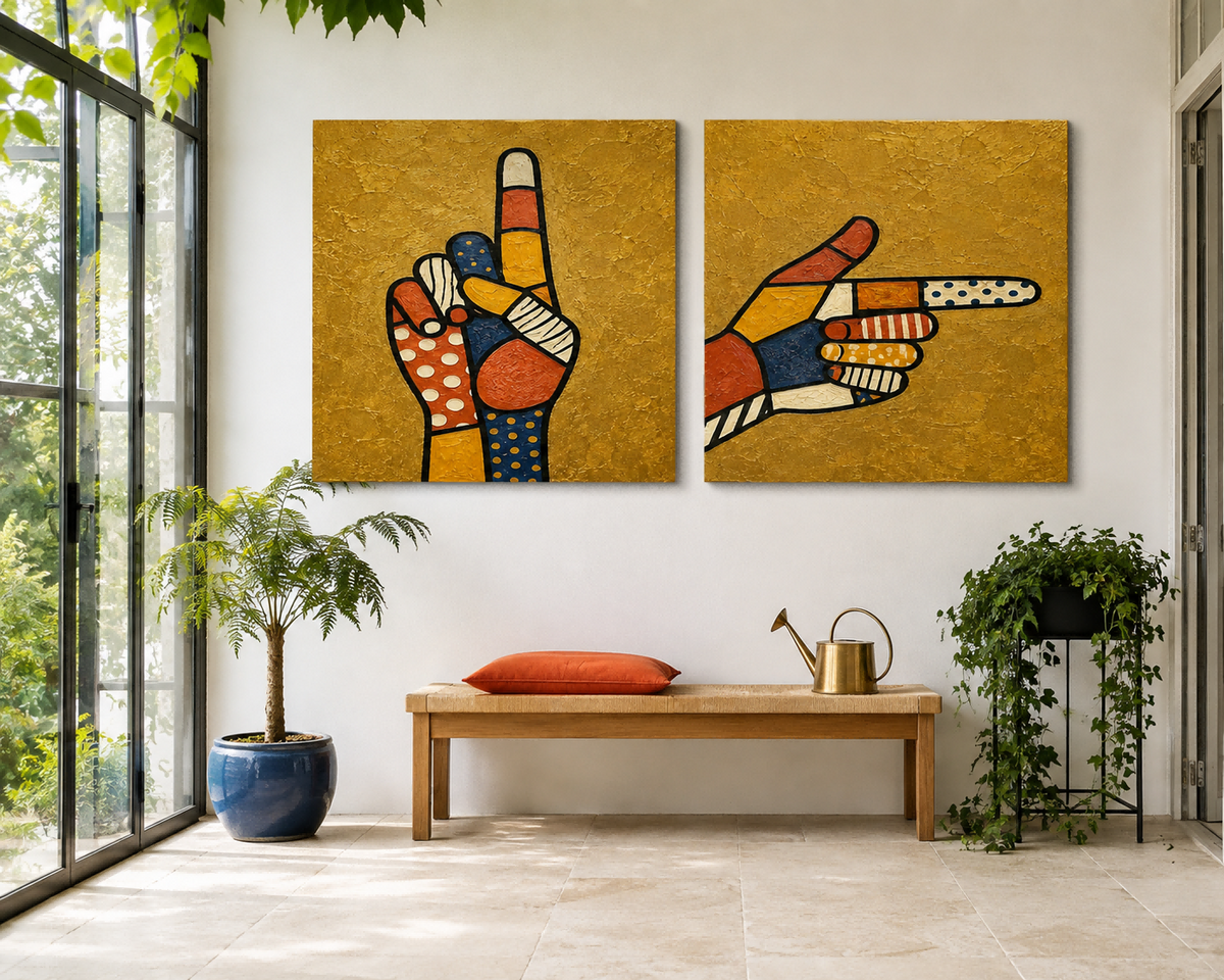 Hand-Painted Pop Art Hands Canvas Painting With Gold Background And Patterns