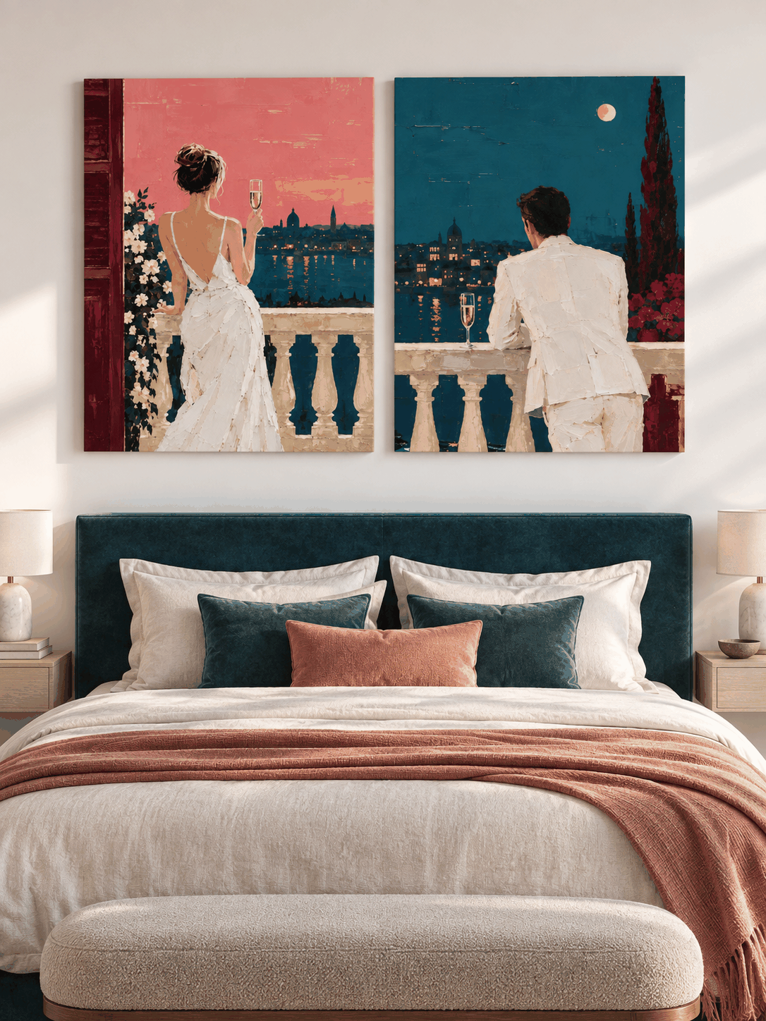 Romantic Couple Cityscape Hand-Painted Canvas Art Set Pink Teal