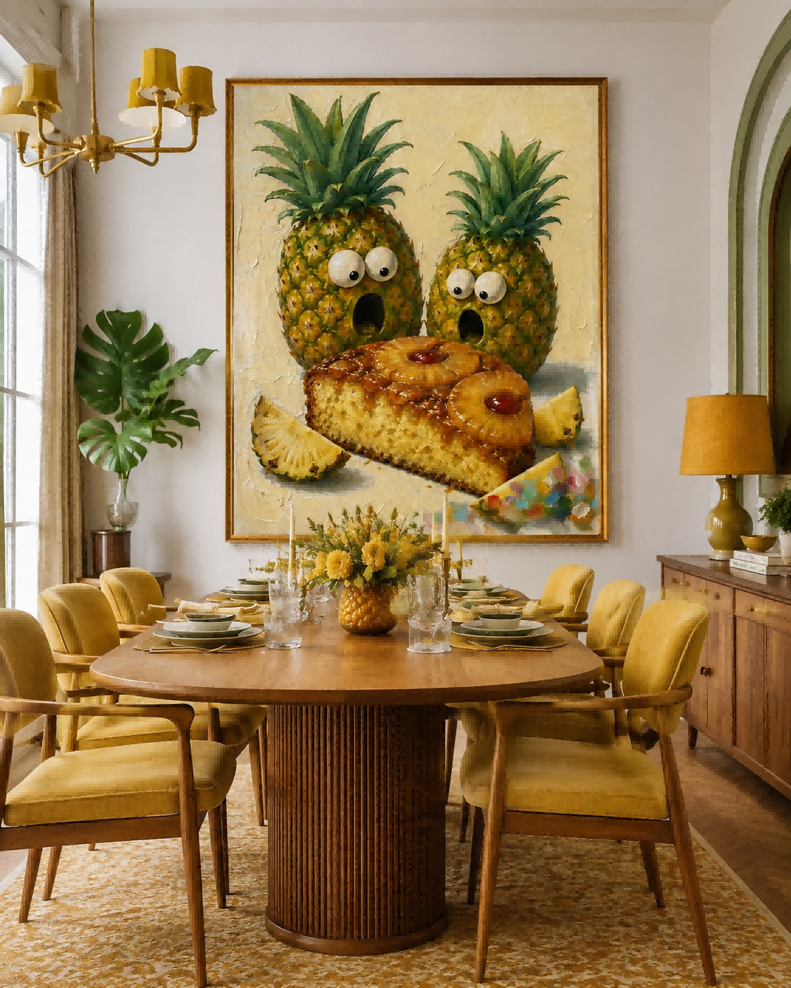 Surreal Pop Art Pineapple Surprise Square Canvas Painting Warm Tones For Eclectic Dining Room And Lounge Areas