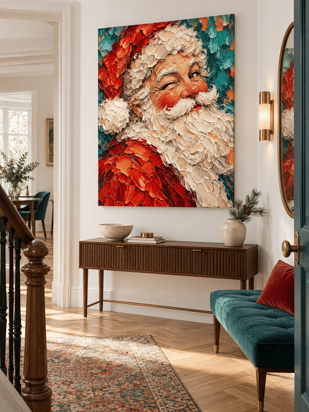 Hand-Painted Winking Santa Portrait Canvas Art With Red And Teal Colors