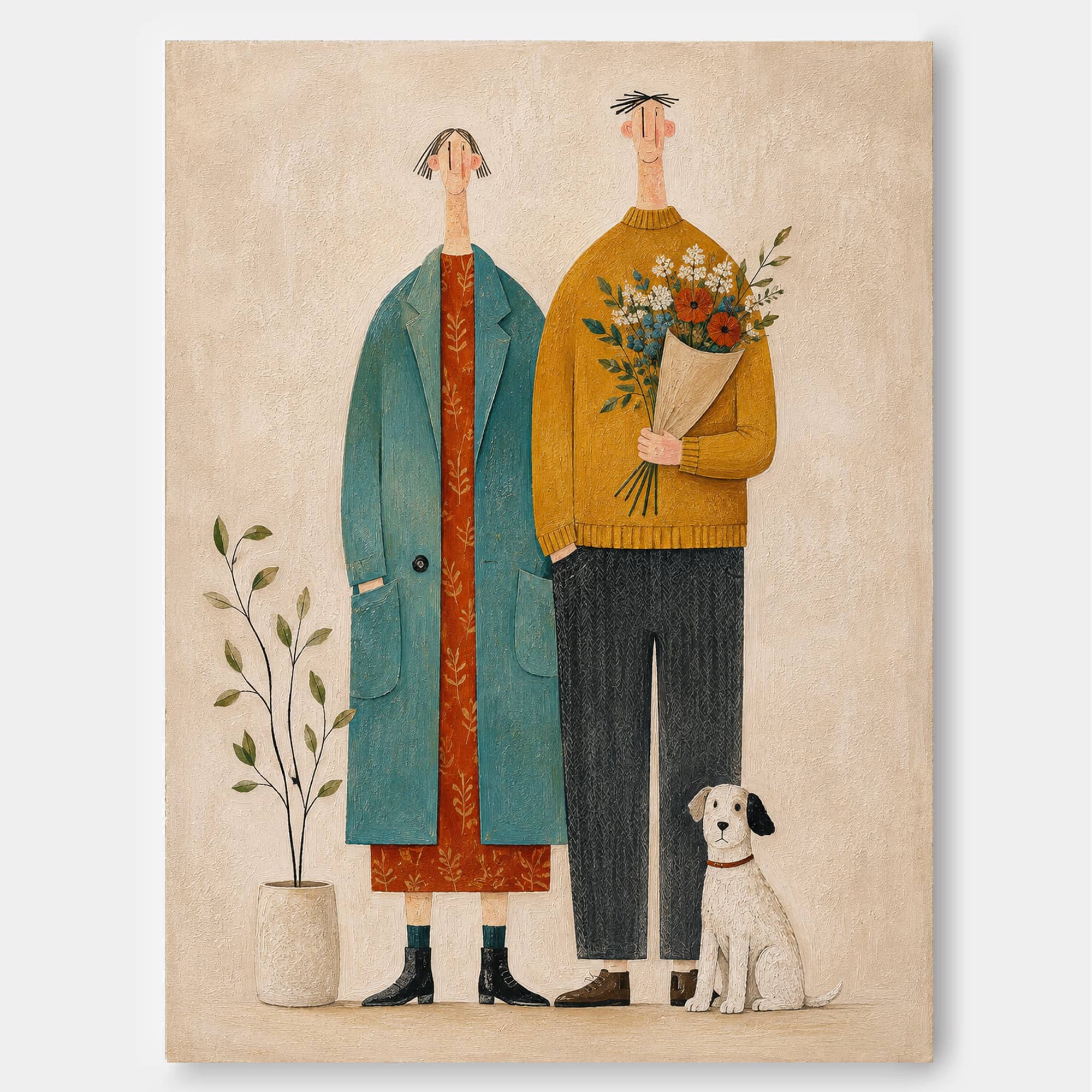 Charming Naive Art Couple Portrait With Dog For Modern Vintage Home Decor